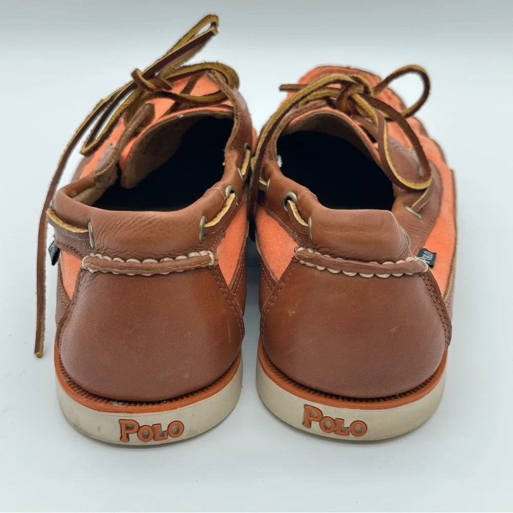 Polo by Ralph Lauren Coral Canvas and Brown Leather Boat Shoes with White Sole